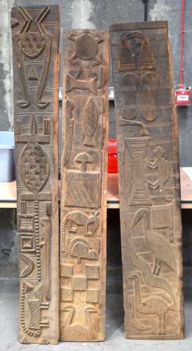 THREE AFRICAN TRIBAL YORUBA CARVED WOOD RELIEF PANELS . Larg...