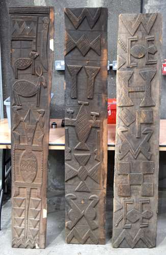 THREE AFRICAN TRIBAL YORUBA CARVED WOOD RELIEF PANELS . Larg...