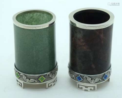 A PAIR OF 19TH CENTURY CHINESE JADE SILVER AND ENAMEL BRUSH ...