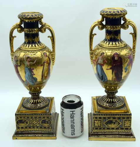 A LARGE PAIR OF EARLY 20TH CENTURY VIENNA TWIN HANDLED PORCE...