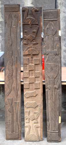 THREE AFRICAN TRIBAL YORUBA CARVED WOOD RELIEF PANELS . Larg...