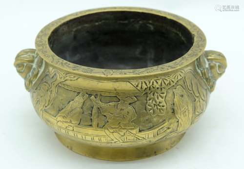A 19TH CENTURY CHINESE TWIN HANDLED BRONZE CENSER Qing, bear...