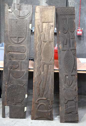 THREE AFRICAN TRIBAL YORUBA CARVED WOOD RELIEF PANELS . Larg...