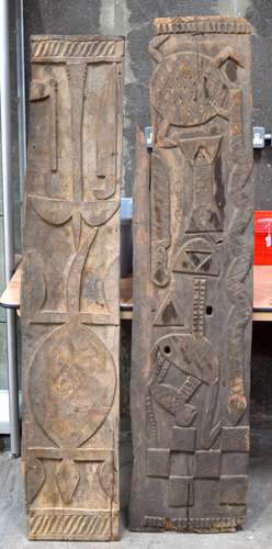 TWO AFRICAN TRIBAL YORUBA CARVED WOOD RELIEF PANELS . Larges...