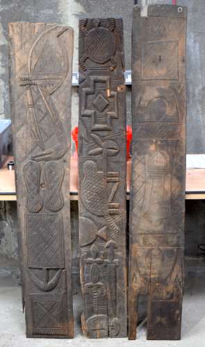 THREE AFRICAN TRIBAL YORUBA CARVED WOOD RELIEF PANELS . Larg...