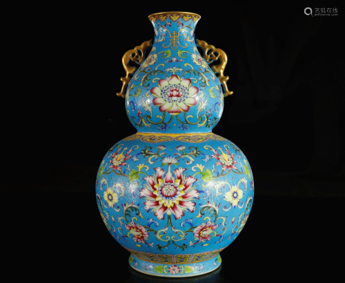 A Blue-Ground Famille-Rose Double-Gourd Vase