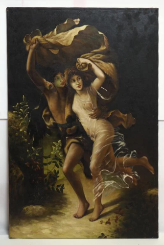OIL ON CANVAS PAINTING OF A MAN AND A NYMPH