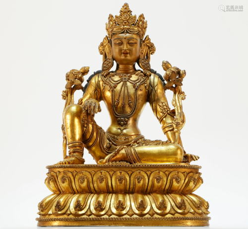 A Rare Tibetan Gilt-Bronze Guanyin