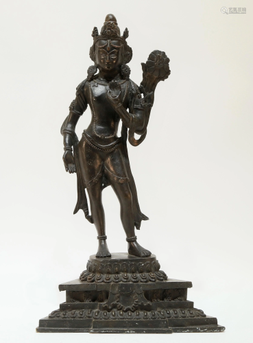 A Silver-Inlaid Alloy Copper Figure of Guanyin Bodhisattva