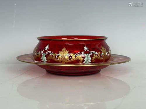 A SIGNED ENAMELED MOSER FINGER BOWL& PLATE