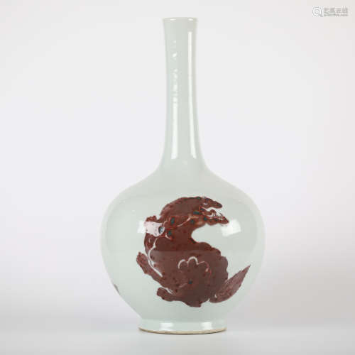 Qing,A Blue and White Glazed Red Lion Appreciation Vase