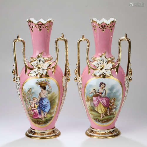 Hand painted Sevres style pink ground vases, 21