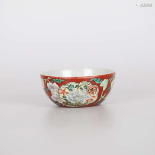 18th,Coral Red Enamel Cup with Peony Pattern