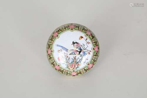 18th,Copper painted enamel flower and bird fragrance box