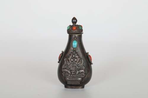 Qing，Mongolian inlaid Coral Turquoise Silver snuff bottle