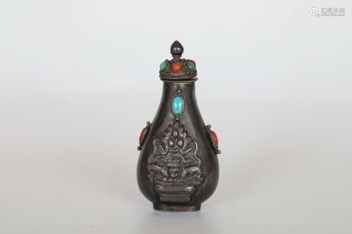 Qing，Mongolian inlaid Coral Turquoise Silver snuff bottle