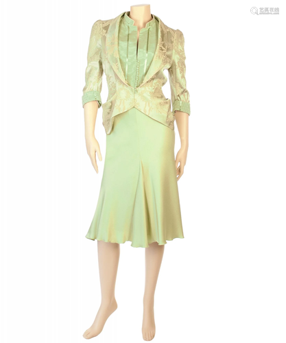 John Galliano Green Brocade Skirt Suit