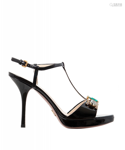 Prada Bejeweled Black Patent Leather T-Strap Sandal