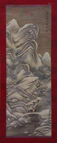 A CHINESE SCROLL PAINTING FIRUGE IN MOUNTAINS