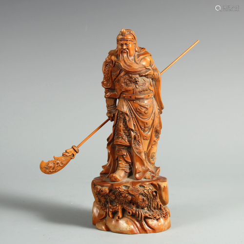 A CHINESE BOXWOOD CARVED FIGURE OF GUAN-GONG
