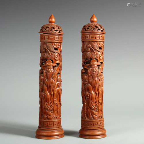 A PAIR OF CHINESE INCENSE-TUBES WITH COVERS