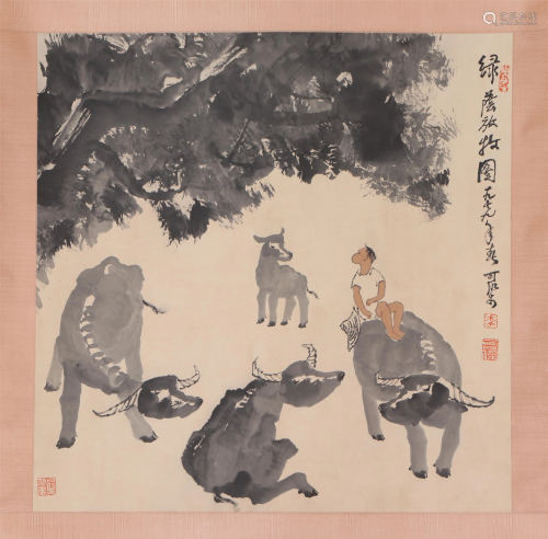 A CHINESE INK SCROLL PAINTING OF BOY AND BUFFALO