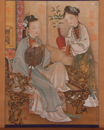 A CHINESE SCROLL PAINTING OF BEAUTY FIGURES IN GARDEN