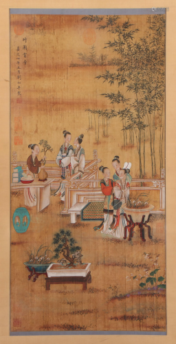 A CHINESE SCROLL PAINTING OF BEAUTY FIGURES IN GARDEN