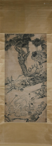 A CHINESE SCROLL PAINTING OF FIGURD UNDER THE TREE