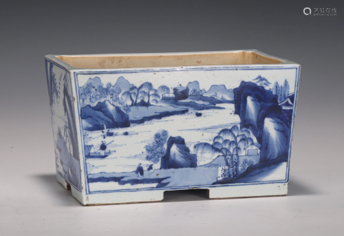 A CHINESE BLUE AND WHITE LANDSCAPE PORCELAIN FLOWER POT