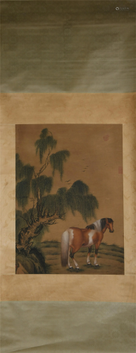 A CHINESE PAINTING OF PINEWS TREE AND HORSE