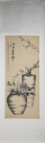 A CHINESE SCROLL PAINTING OF PLUM BLOSSOMMING