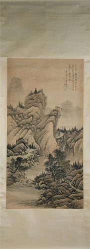 A CHINESE SCROLL PAINTING OF MOUNTAIN VIEWS