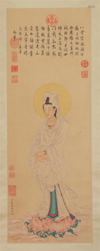 A CHINESE SCROLL PAINTING STANDING GUANYIN