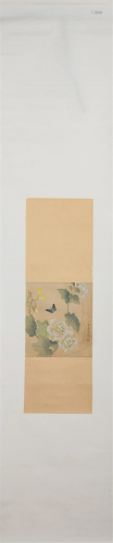 A CHINESE SCROLL PAINTING OF FLOWERS AND BUTTERFLY