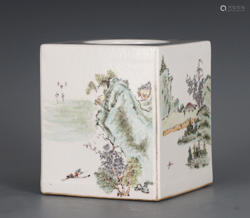 A CHINESE FAMILLE ROSE PORCELAIN SQUARE BRUSH POT