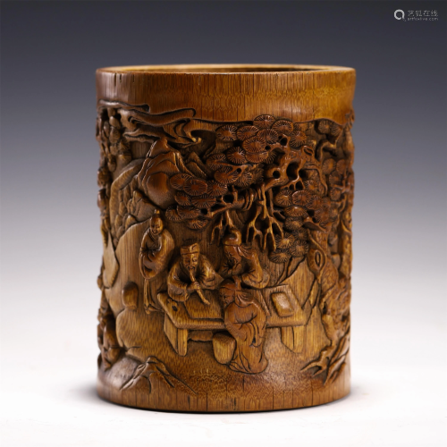A CHINESE RELIEF CARVING BAMBOO BRUSH POT