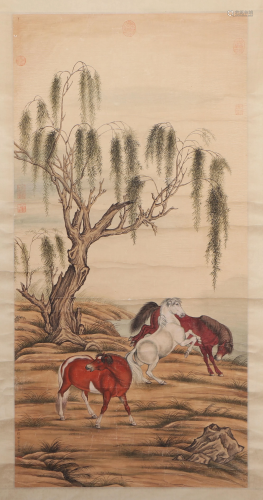 A CHINESE SCROLL PAINTING OF TRIPLE HORSE UNDER THE