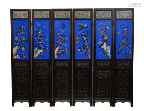 A CHINESE FLOWERS AND BIRDS ZITAN WOOD SCREEN