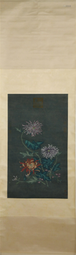 A CHINESE SCROLL PAINTING OF FLOWERS BLOSSOMMING