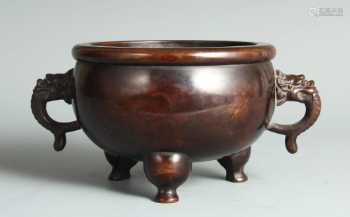 A CHINESE THREE-FOOTED BRONZE INCENSE BURNER