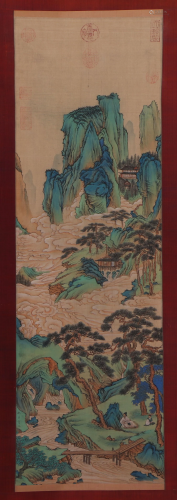 A CHINESE SCROLL PAINTING PINES TREE IN MOUNTAINS