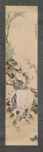 A CHINESE SCROLL PAINTING FLOWERS AND HORSE