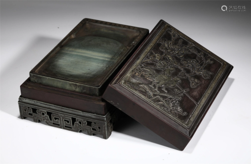 A CHINESE FLOWER-AND-BIRD INK-SLAB WITH BOX