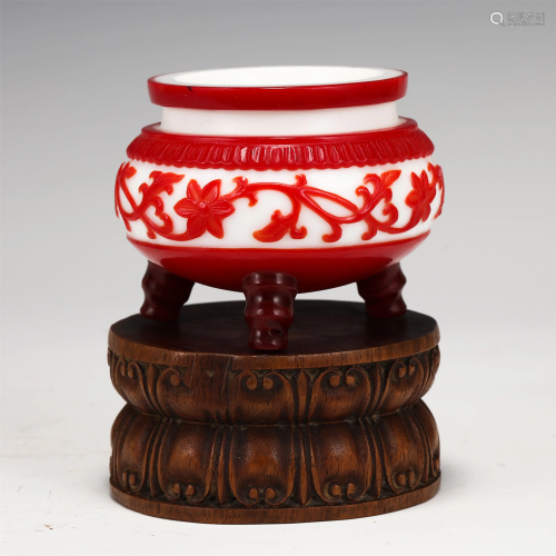 A CHINESE RED AND WHITE PEKING GLASS INCENSE BURNER