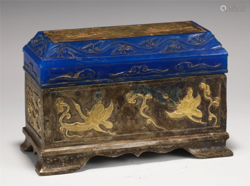 A CHINESE GILT BRONZE PEKING GLASS BOX WITH COVER