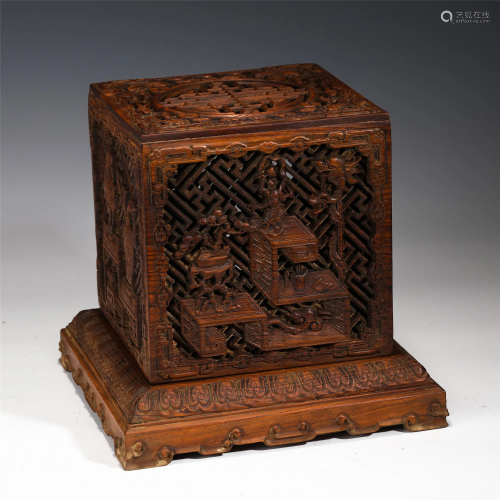 A CHINESE HOLLOW CARVING HUANGHUALI WOOD BOX
