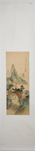 A CHINESE SCROLL PAINTING OF FIGURE IN MOUNTAINS