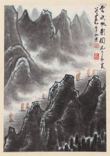 A CHINESE INK SCROLL PAINTING OF LANDSCAPE