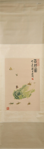 A CHINESE SCROLL PAINTING OF BEAUTYS AND VEGETABLES